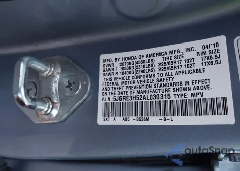 2010 Honda Cr-V Ex z USA, uszkodzony, nr VIN 5J6RE3H52AL030315